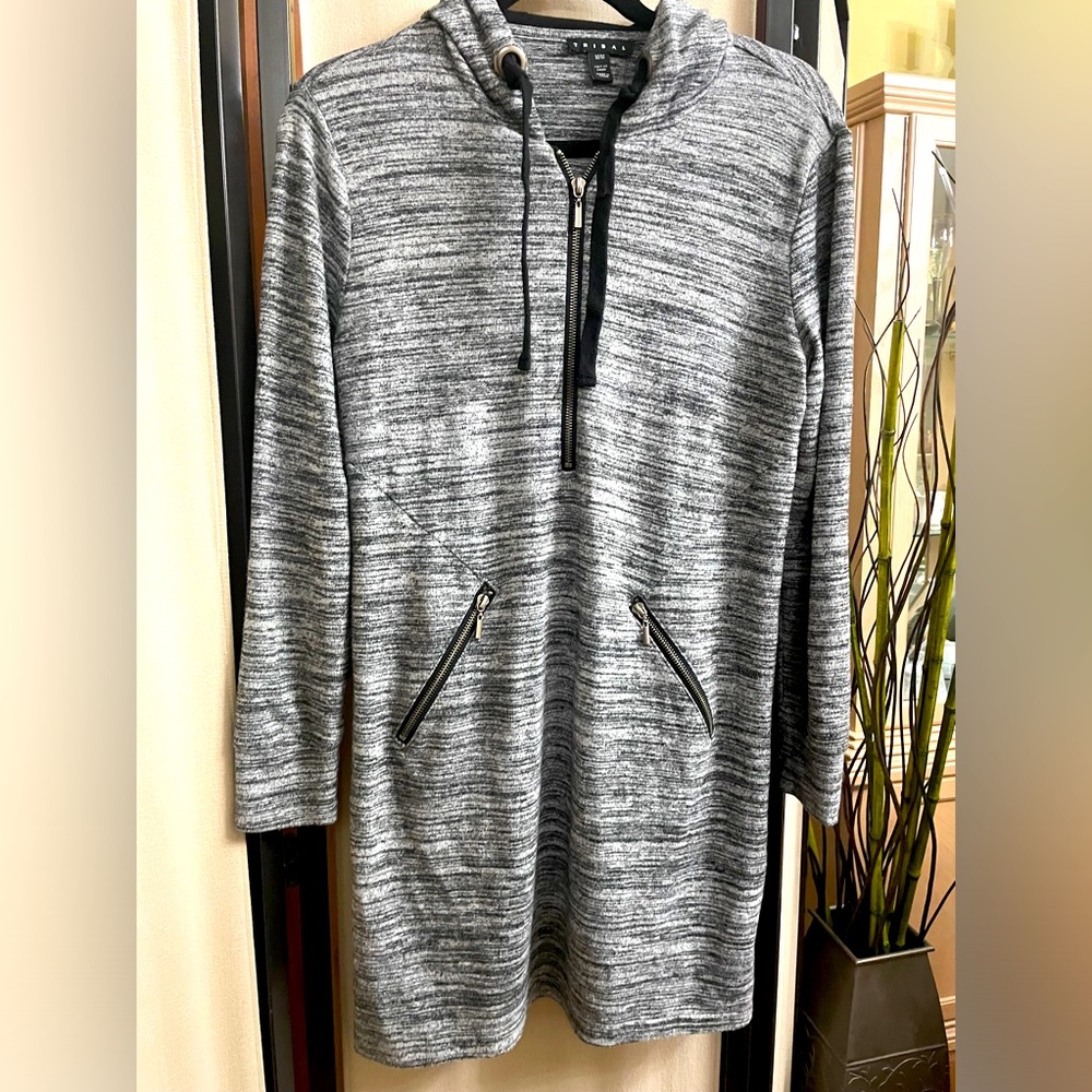 Gray Striped Long Sleeve Dress with Zipper Accents